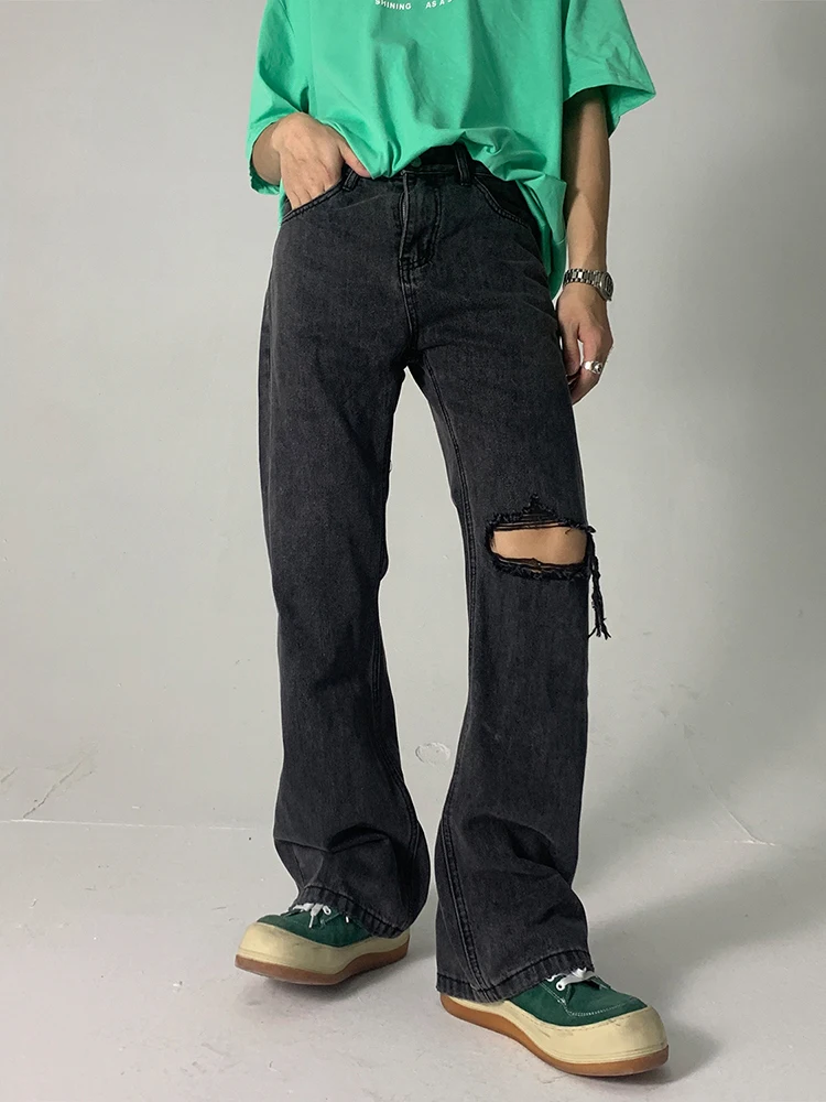 Men's Loose Jeans Black and Gray Tear Jeans Fashion Y2k Pants Men's Casual Straight Pants Ripped Jeans Men Clothing