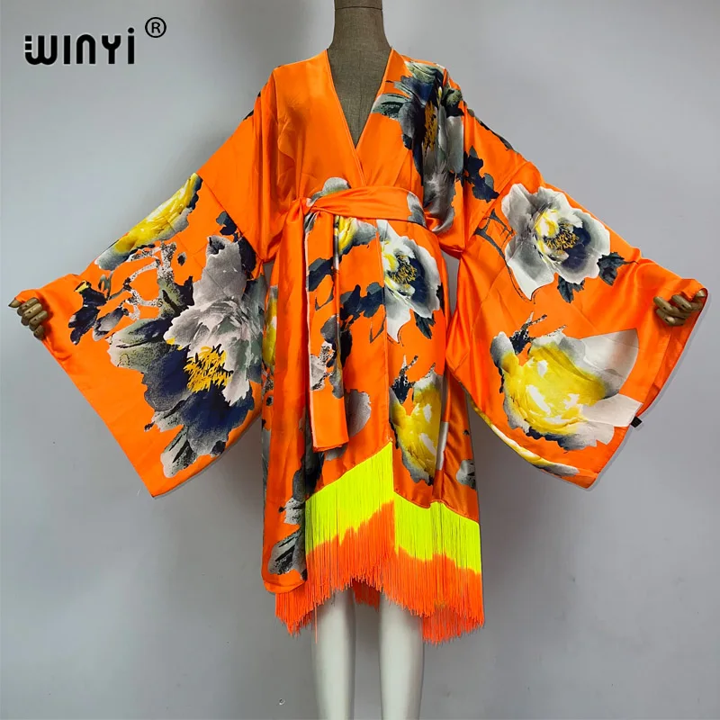 

WINYI kimono boho fashion summer beachwear summer bohemian print Bikini Cover-up Cardigan sexy Holiday long Sleeve tassels dress