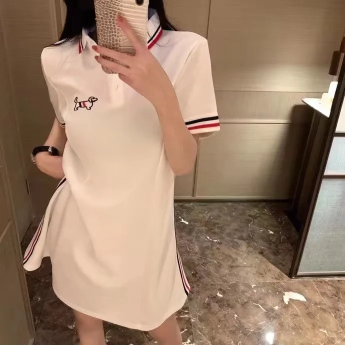 

High Quality Korean Fashion TB Contrast Stripe Slim Fit A-line Dress Women's Small Size Reduced Age Short Sleeve T-shirt Dress