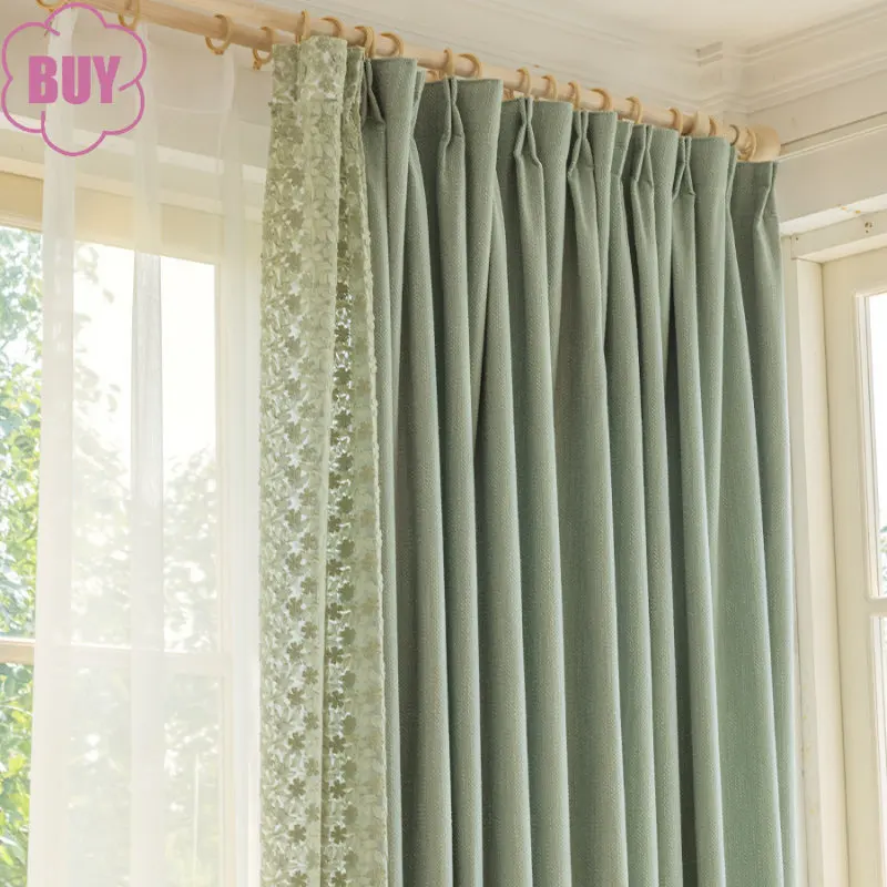 

Japanese-style Curtain for Living Dining Room Bedroom Fresh Cotton Masen Matcha Splicing Embroidery Tulle Blackout Customization