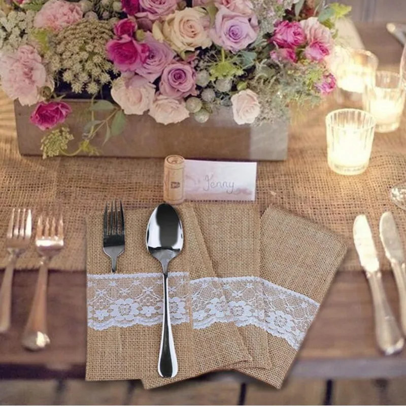 Table Mat Placemat 10pcs/set Vintage Jute Lace Hessian Burlap Linen Tableware Bags Cutlery Pouch Rustic Bag For Wedding Decor