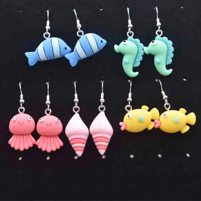 Earring For Women Resin Handmade Cute Animals Seahorse Jellyfish Conch Small Blue And Yellow Fishes Drop Earrings Funny Gift