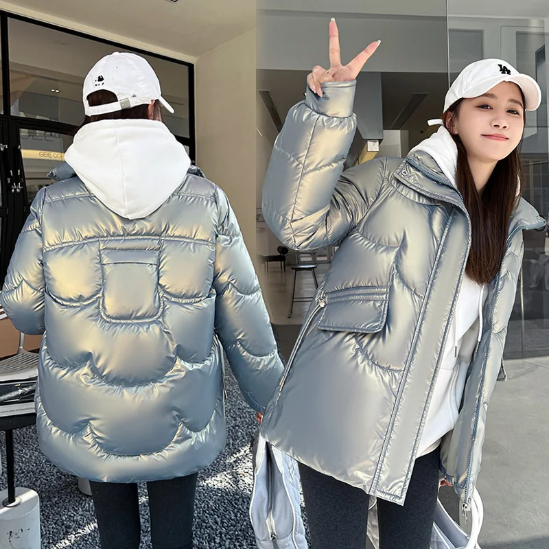 Glossy Winter Woman's Hooded Thick Warm Jacket Female Down Cotton Parkas Casual Loose Puffer Coat for Ladies Outwear