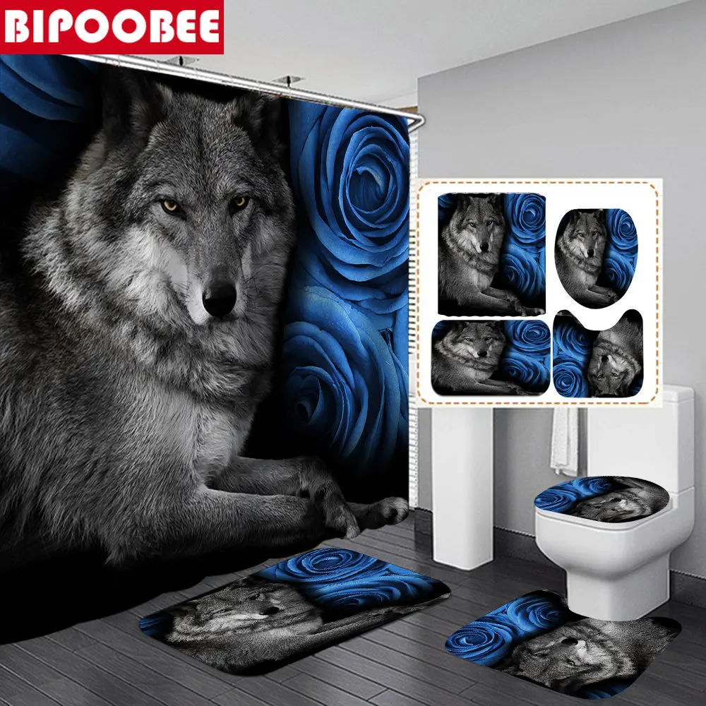 

Blue Rose Solitary Wolf Print Shower Curtain Bathroom Curtains Forest Animals Toilet Lid Cover and Anti-skid Carpet Bath Mat Set