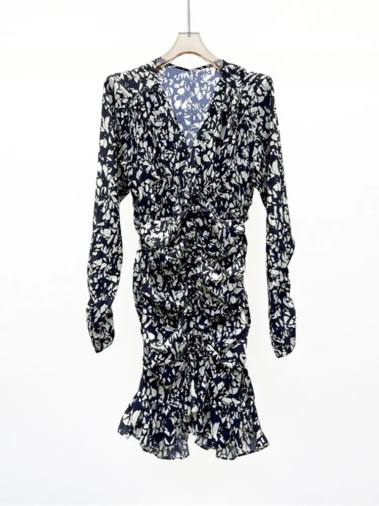 

Женское мини-платье с геометрическим принтом, шелковое Плиссированное короткое платье контрастных цветов с V-образным вырезом и узкой талией, весна-лето 2023