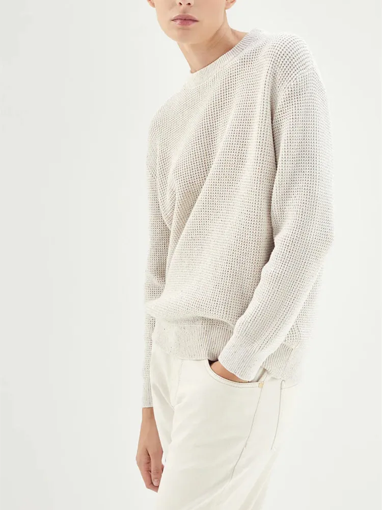 

Female Sequin Solid Color Knit Set 2023 Summer New Women Long Sleeve O-Neck Loose Pullover and Drawstring Split Simple Shorts