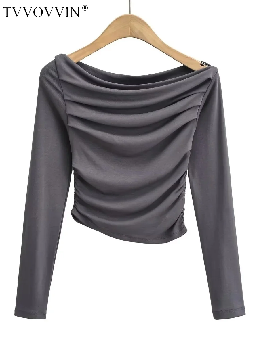 

Футболка женская плиссированная с открытыми плечами и косым вырезом, на весну/осень