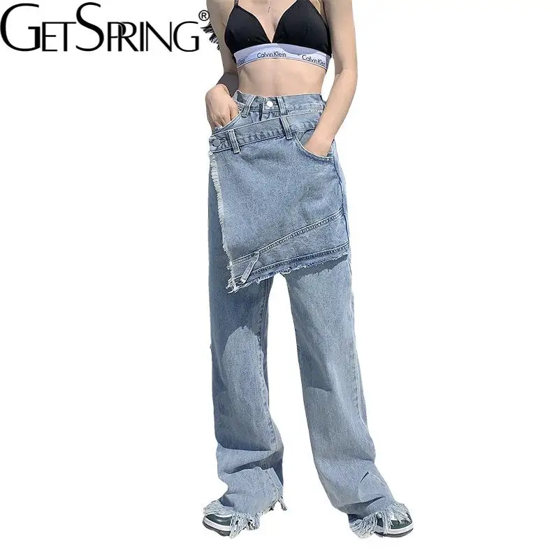 

GetSpring Women Jeans Hole Fake Two High Waist Straight Wide Leg Denim Pants Fashion Loose Casual Long Denim Trousers 2022 New