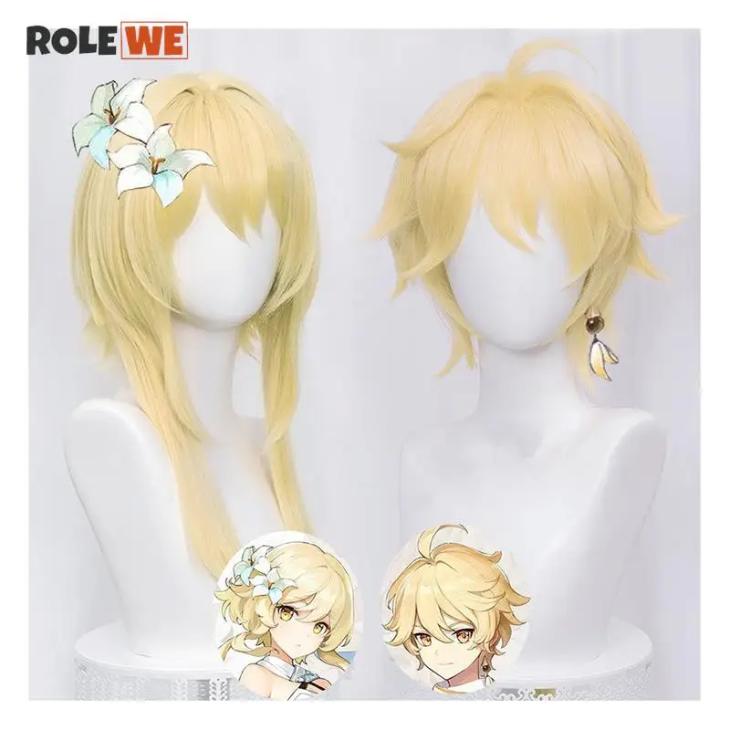 

High Quality Genshin Impact Traveler Cosplay Aether Lumine Cosplay Wig Blond Heat Resistant Synthetic Hair Anime Wigs + Wig Cap