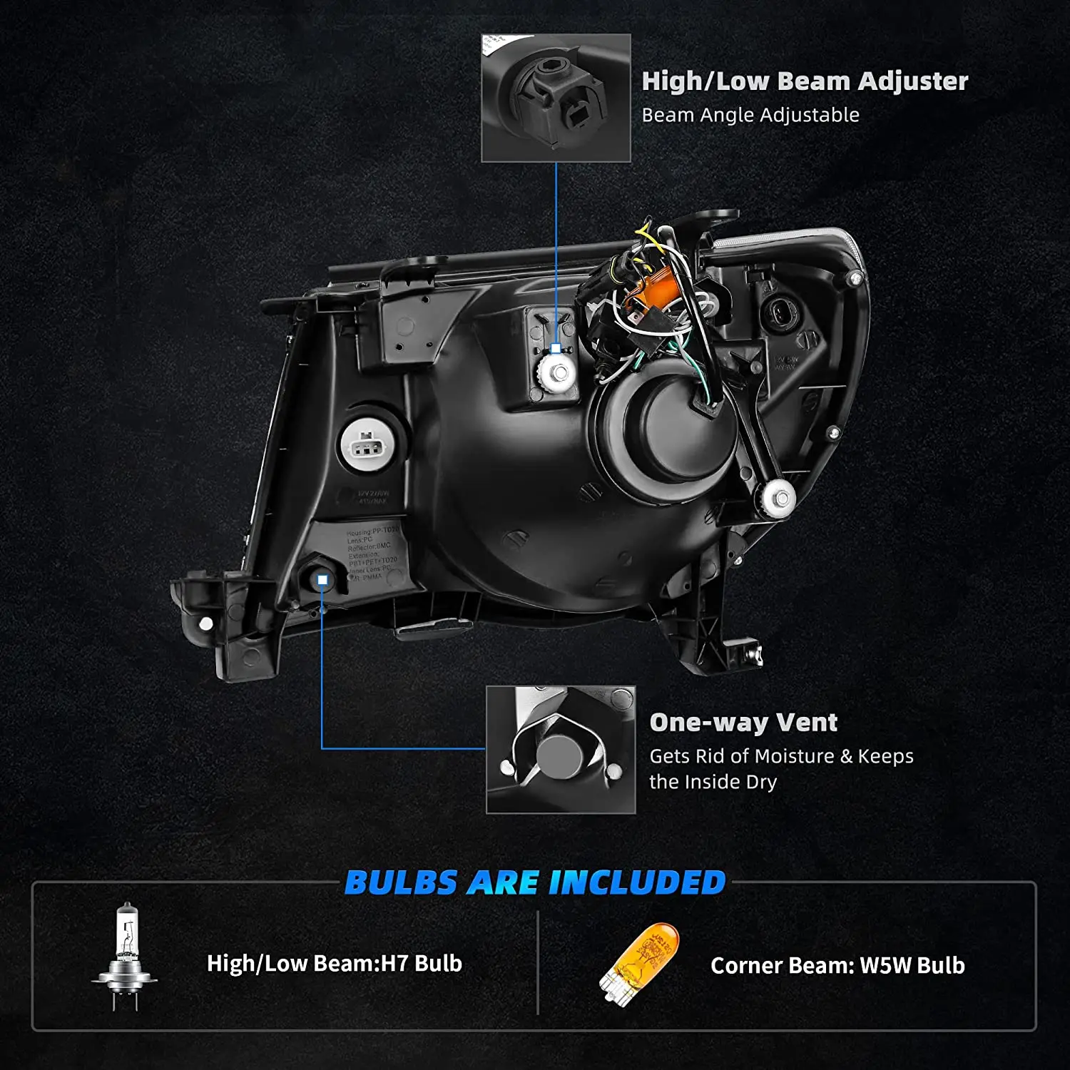Фара в сборе совместимая с фарами проектора Tacoma 2005–2011 года желтым