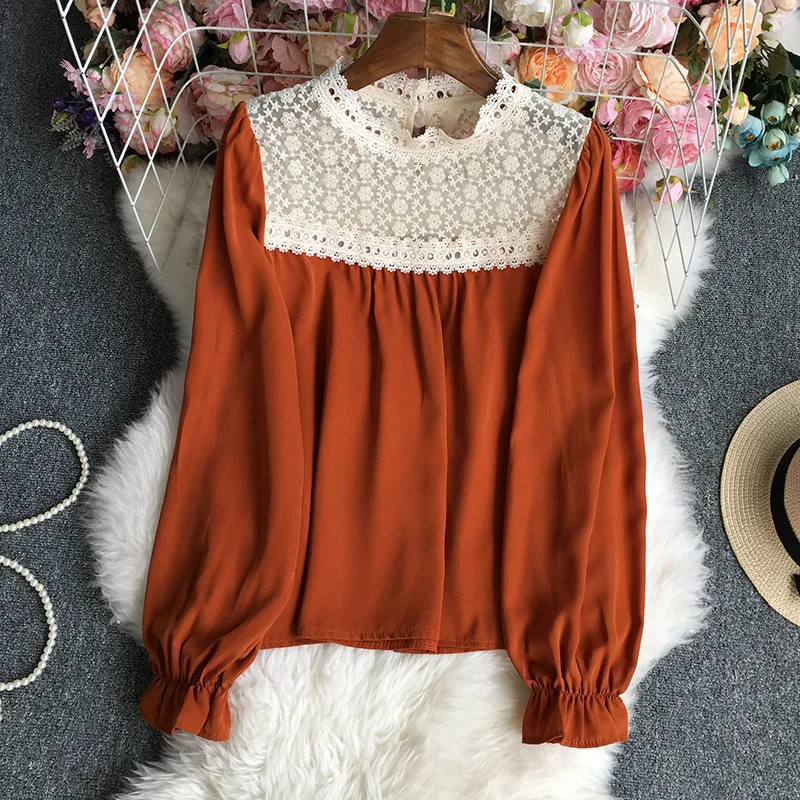 

Solid Color Lace Patchwork Long Sleeve Blouse Women Tops Elegant Korean Fashion Ladies Blouses White Black Pink Blusas Mujer