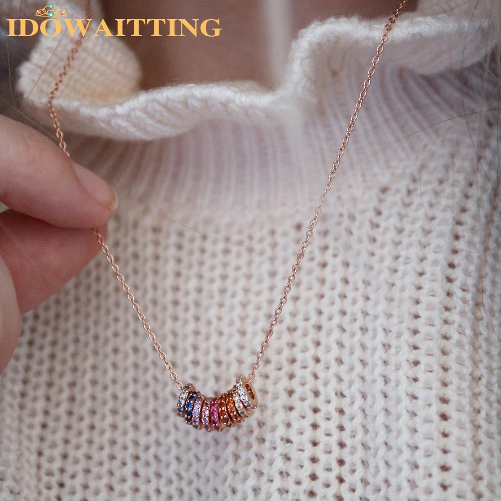 

Minimal Delicate Gold Plated Colorful Rainbow Cz Paved Round Circle Beads Floating Moving Beaded Discs Necklace for Women