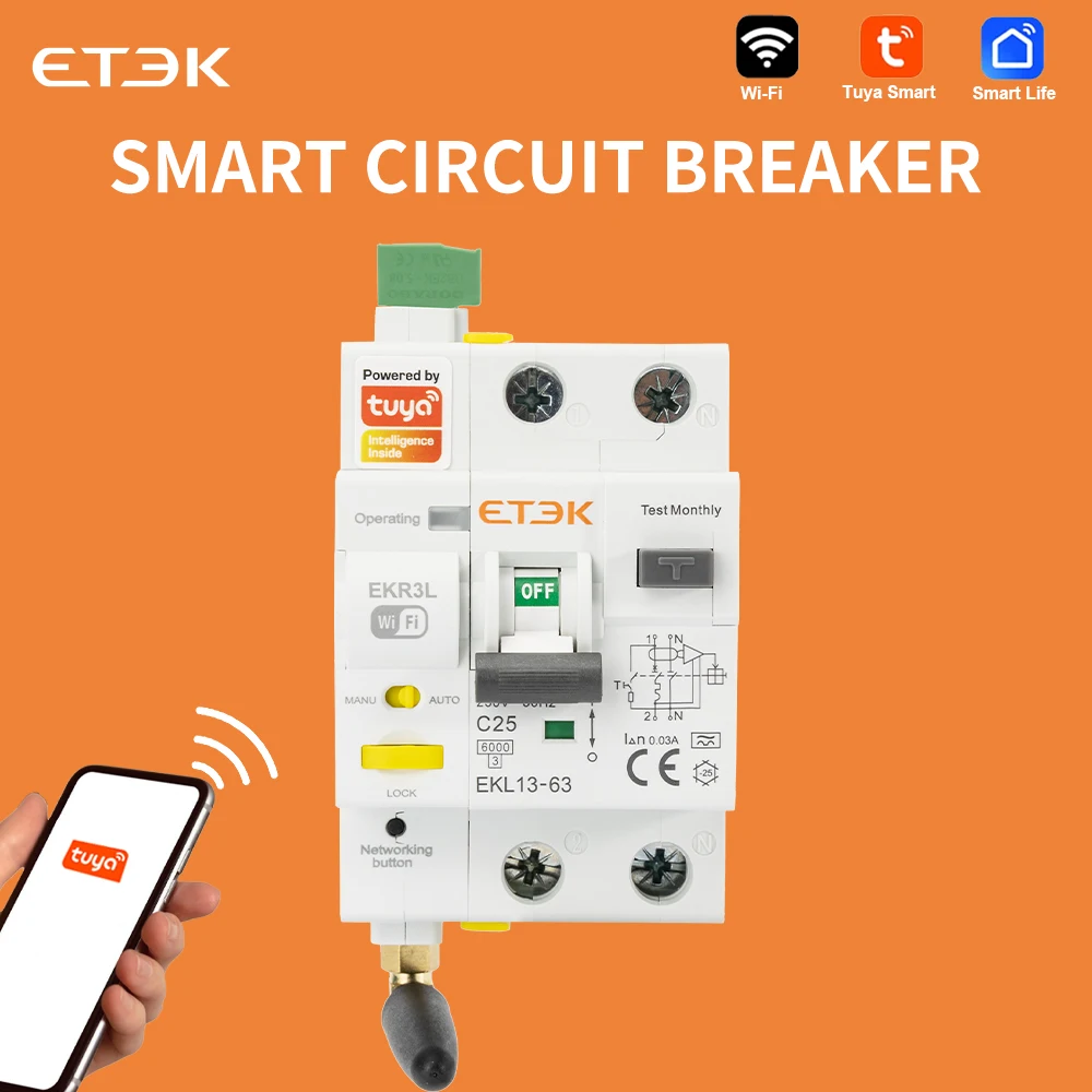 Фото Умный автоматический выключатель ETEC Tuya WiFi RCBO с дистанционным управлением, защитой от короткого замыкания, таймером, 2P, без функции измерения энергопотребления, EKR3L №1