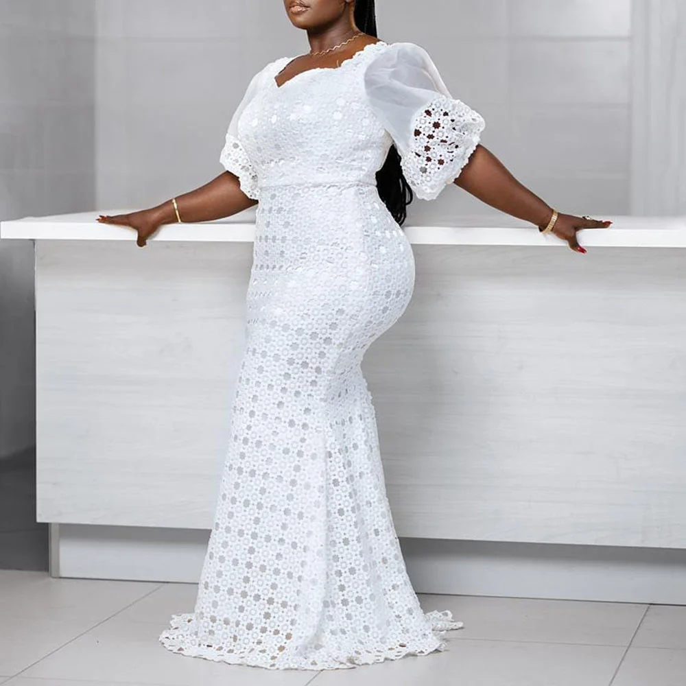 Women Fashion Plus Size Dress Half Sleeve Hollow Floor Length High Waist American African Style Street Beat Female Dress
