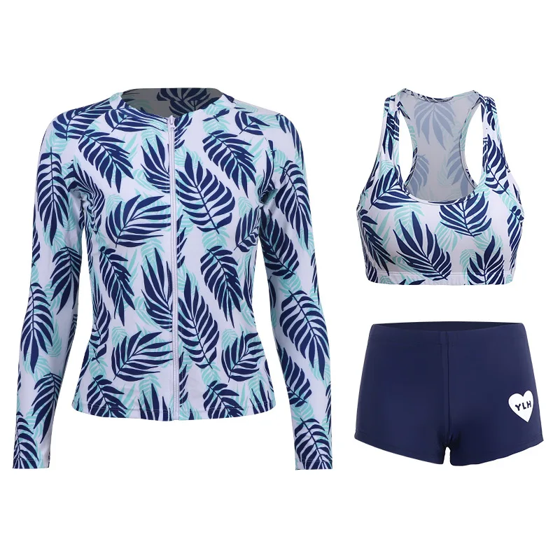 

Womens Three Piece Swimsuits Athletic Tankini Swimsuits Long Sleeve Shirt + Shorts + Bra Rashguards Bathing Suits