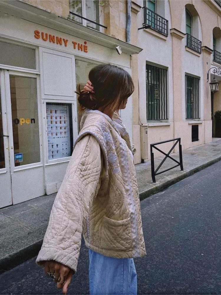 

Vintage Printed Women's Cotton Jacket Elegant Round Neck Long Sleeved Warm Coat 2023 Autumn Winter Lady Fashion Streetwear