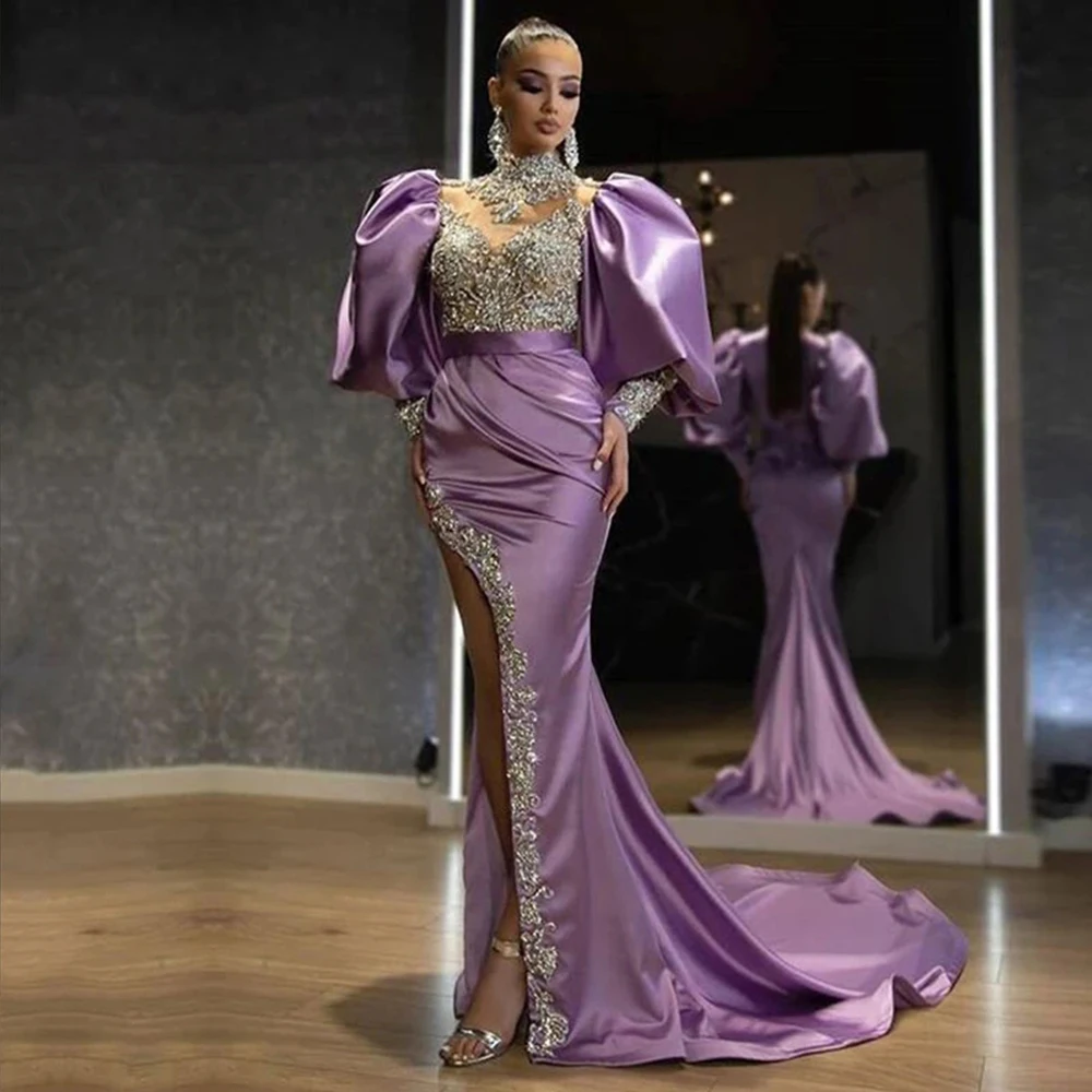 

Великолепное арабское женское платье с буффами на рукавах и высоким воротником, украшенное бусинами, длинное фиолетовое платье Дубая для выпускного вечера, вечернее платье 2023