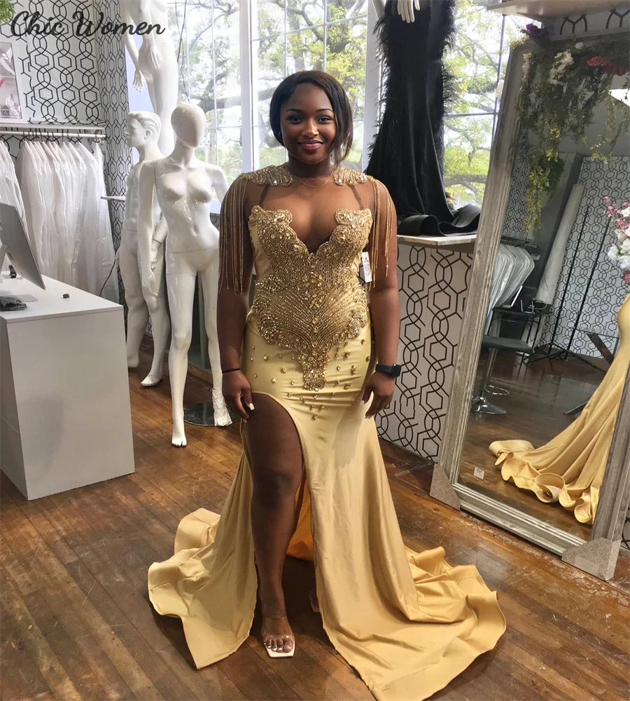 Элегантные золотые черные платья для выпускного вечера девочек с разрезом