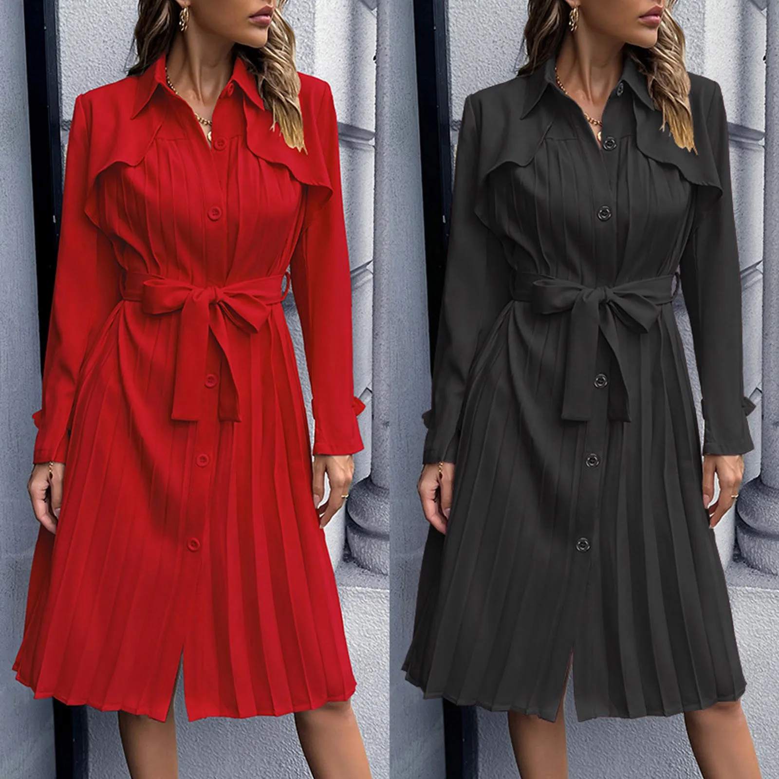 

Ladies Casual Slim Fit Pleated Skirt Solid Color Long Sleeve Dress Ringer Dress