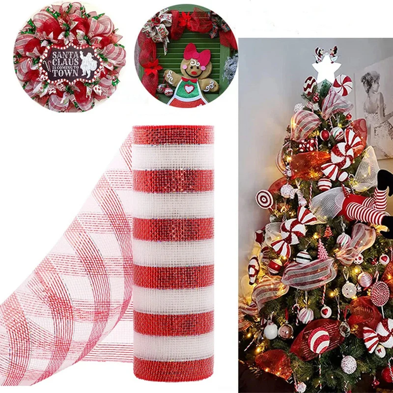 

10Yard Christmas Red White Metallic Mesh Ribbon Xmas Tree Candy Cane Decoration Ornament DIY Wreath Bow 2024 New Year Gift 26cm