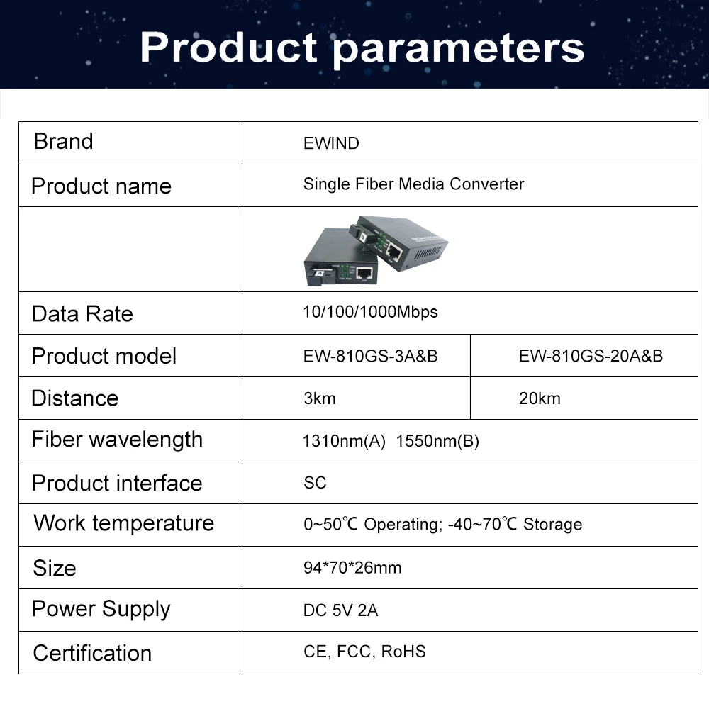 1 Pair Gigabit Single Fiber Media Converter Fiber Optic To Rj45 Single Mode Single Fiber Optic Ethernet Switch Transceiver 20km