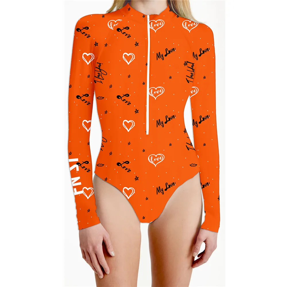 

Fn Si New Long Sleeve Printed Front Zipper Female Bathing Suit Monokini Women Sexy One Piece Surf Suit Beach Wear Swimsuit