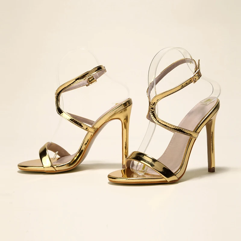 Round Toe Stiletto Gold Women's Sandals Cross Straps Hollow Buckle Slingback Women's Pumps Summer Solid Color Simple Dress Shoes