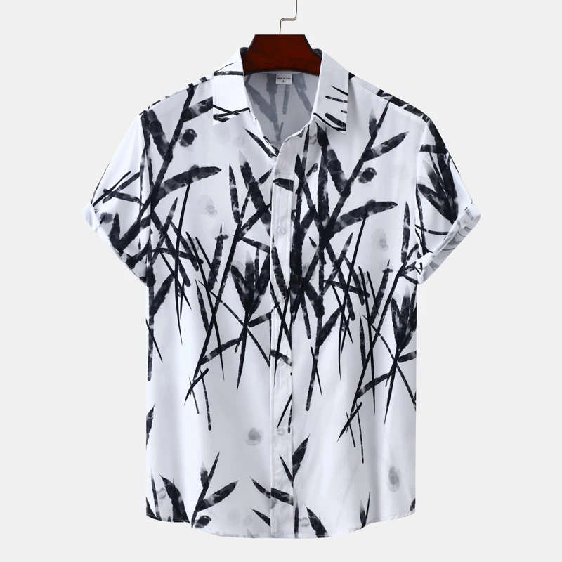 

Summer Stylish Bamboo Print Hawaiian Shirt Men Short Sleeve Quick Dry Tropical Aloha Shirts Beach Holiday Casual Shirt Chemise