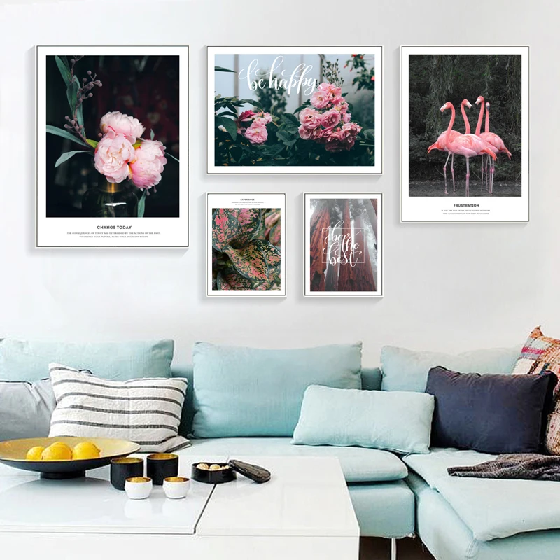 

Pink Rose Ostrich Lotus Flower Plant Nordic Posters And Prints Wall Art Canvas Painting Wall Pictures For Living Room Decor