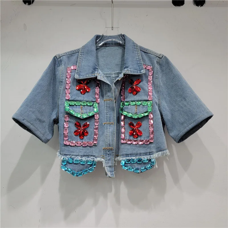 

Летняя модная короткая джинсовая куртка со стразами и несколькими карманами, Женская ВИНТАЖНАЯ ДЖИНСОВАЯ КУРТКА с отворотом и коротким рук...