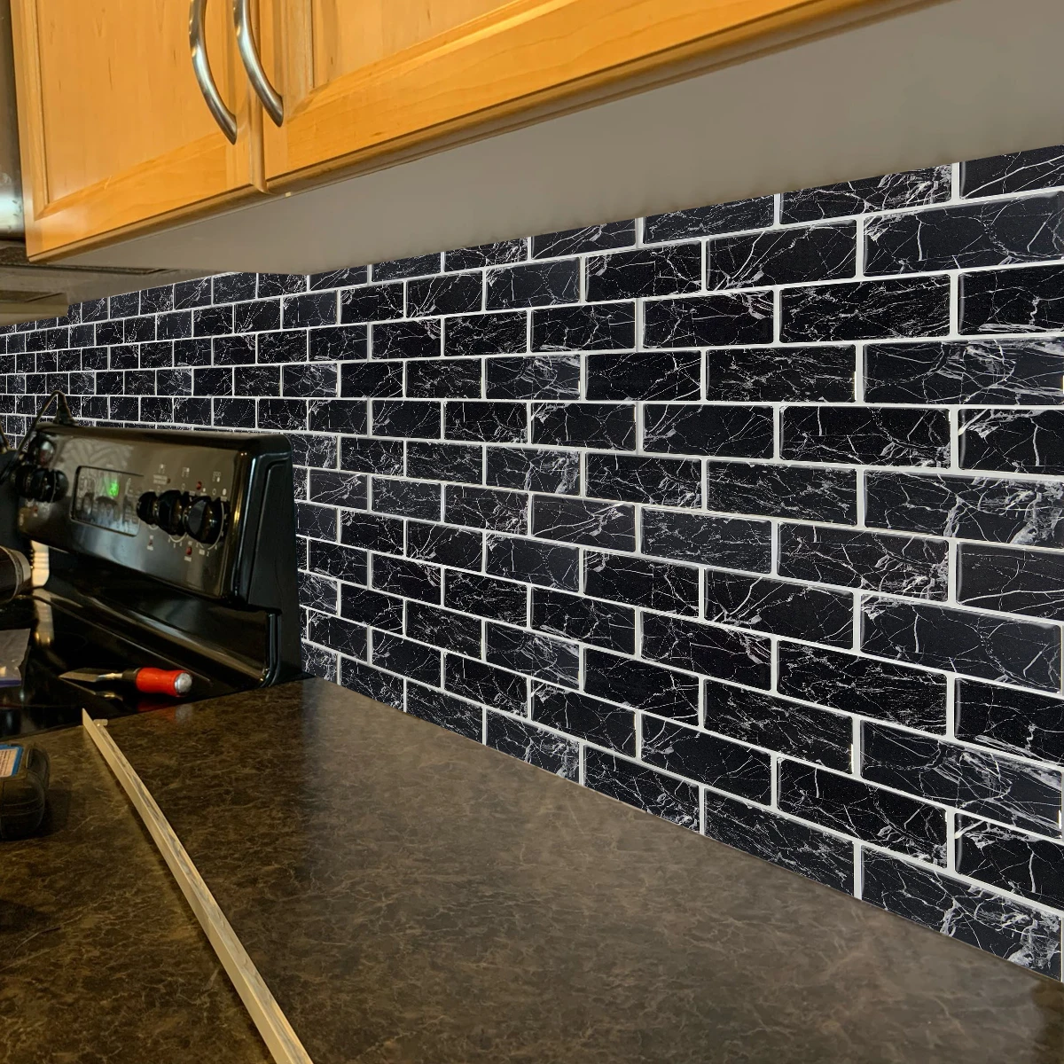 

Wostick Big Sale Black Mable 3d Self Adhesive Kitchen Backsplash Oil-proof Wall Tile Stickers for DIY Home Decor