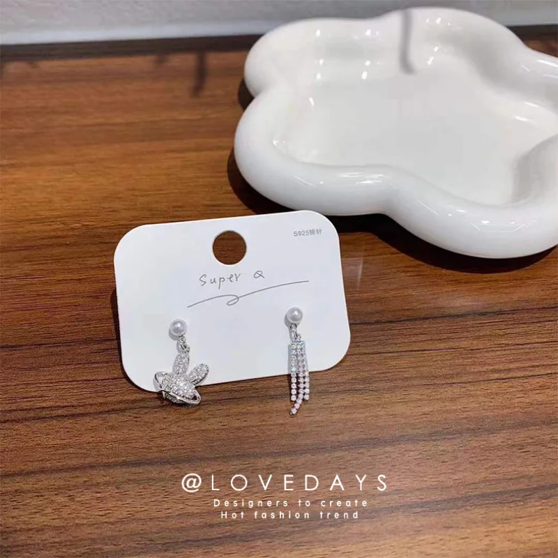 

Minar Kawail Shiny Full CZ Zircon Pearls Cartoon Rabbit Head Tassel Earring for Women Asymmetric Dangle Earrings Korean Brincos