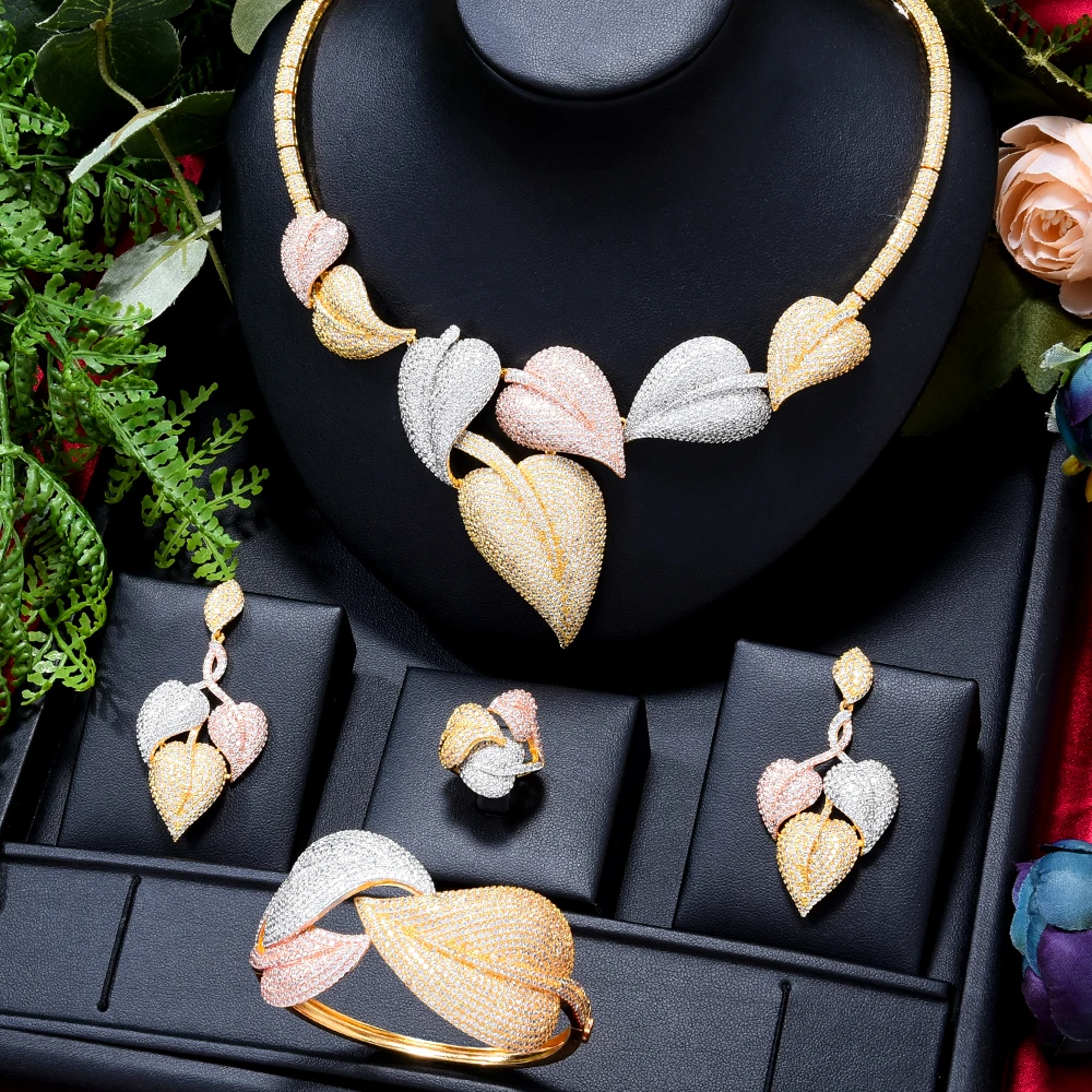 

GODKI BIG Fashion Luxury 4PCS Tricolor Leaf African Jewelry Set For Women Wedding Party Zirconia Indian Dubai Bridal Jewelry Set