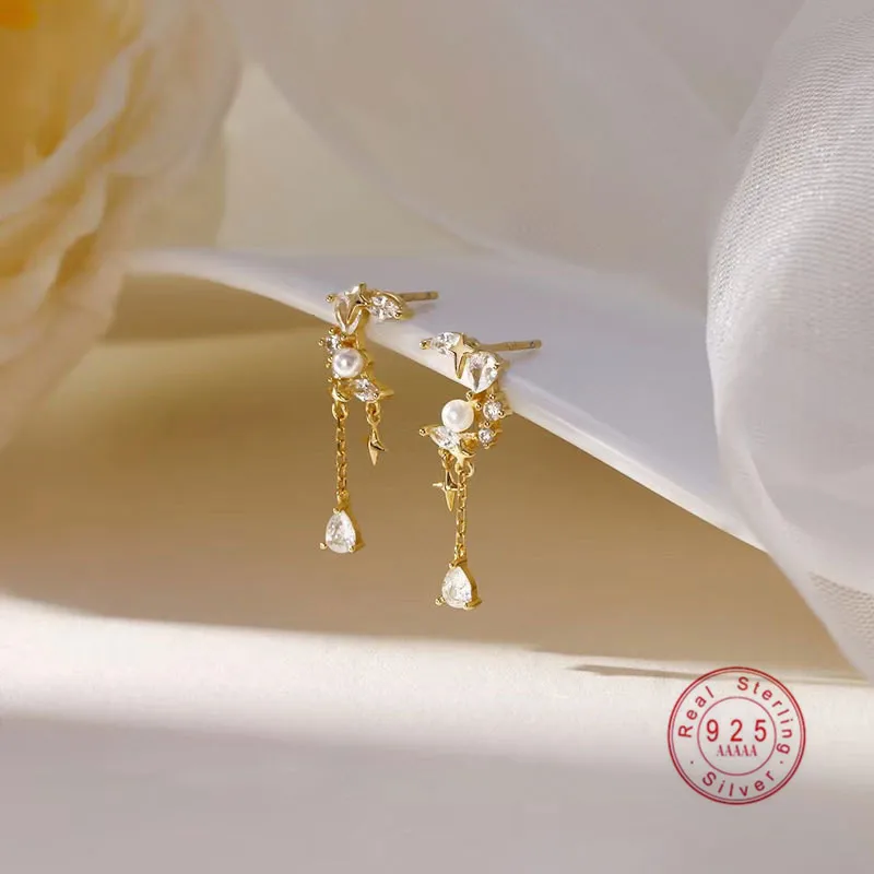 

Temperament Moon Cross Water Drop Zircon Tassel Stud Earrings Women 925 Sterling Silver Luxury Wedding Bridal Jewelry