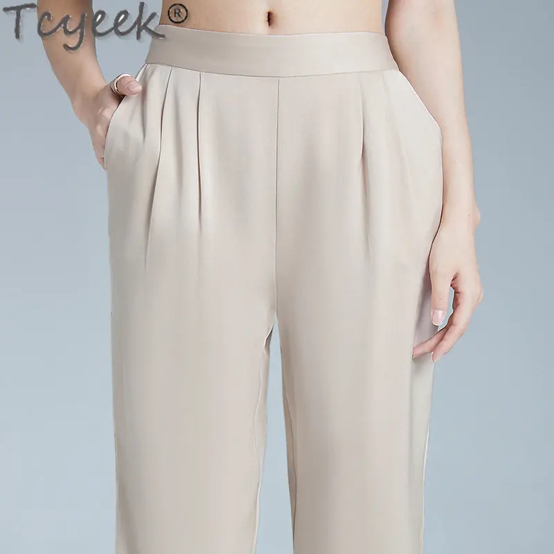 Tcyeek 95% Mulberry Real Silk Elegant Women Pants High Waist Thin Harem Trousers Womans Clothing Casual Ankle-length Pants Femme