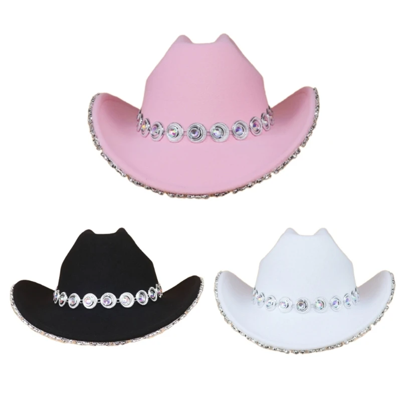 

F42F Cowboy Hat Wide Brim Knight Hat for Disco House Cocktail Parties Vacation Glittering Diamond for Comedian Actor