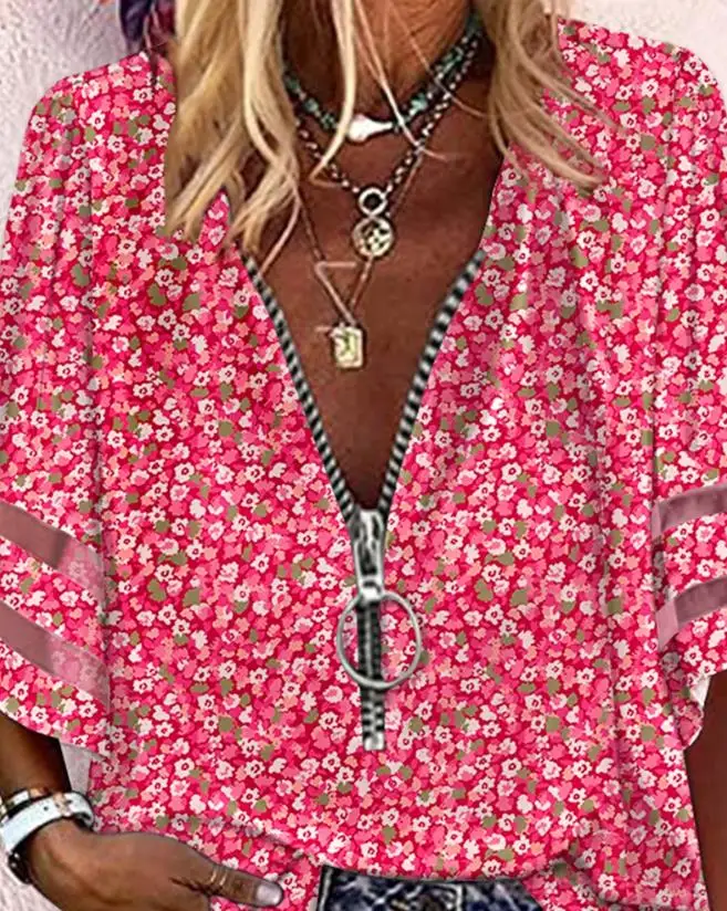 

Y2K 23 Summer New Casual Women's Top Fashion Commuter Pink Ditsy Floral Print Contrast Mesh Zip Front Top Comfortable and Loose