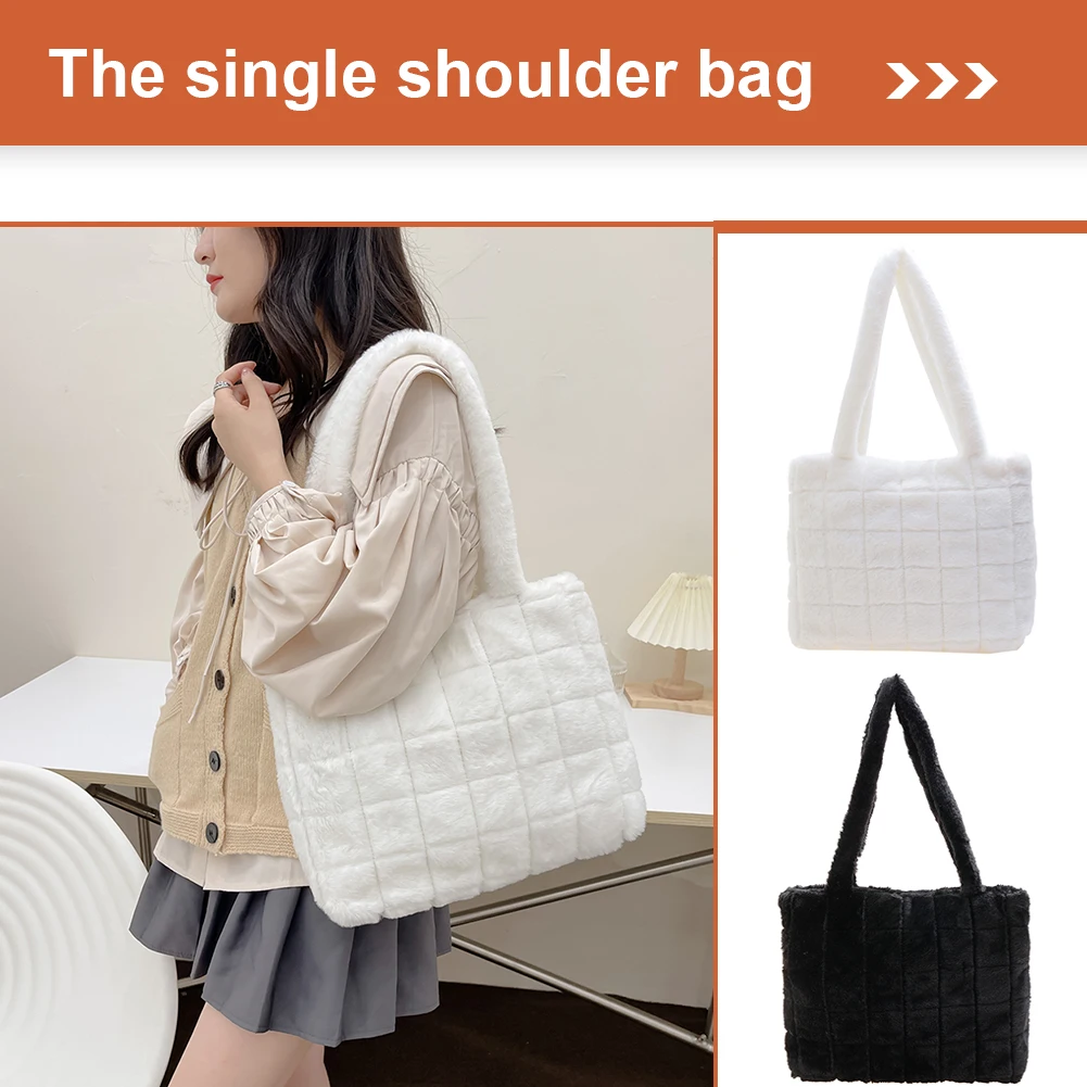 

Women Shoulder Handbags Solid Color Fashion Tote Bag Fluffy Soft Plush Top Handle Bags Large Capacity Casual for Autumn Winter