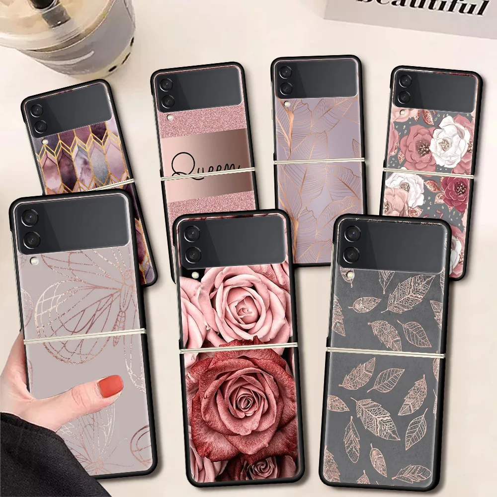 

Rose Pink Bling Funda Case For Samsung Galaxy Z Flip 3 5G Luxury Z Flip3 Black PC Hard Shockproof Back Phone Coque Capa