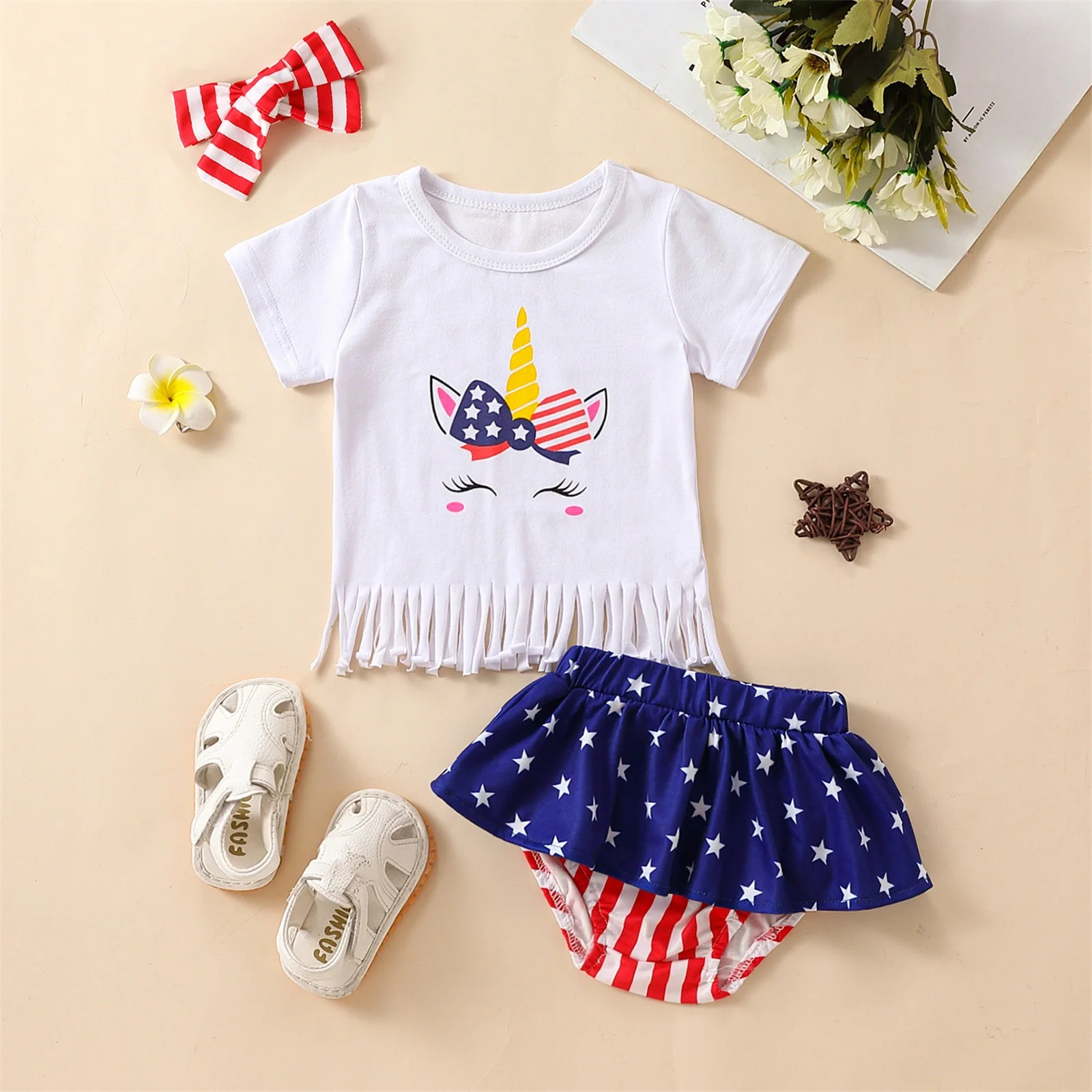

Baby Girls Independence Day Outfits Short Sleeve Crew T-Shirt Romper Star Stripe Long Flared Triangle Pants Bow Headband 0-24M