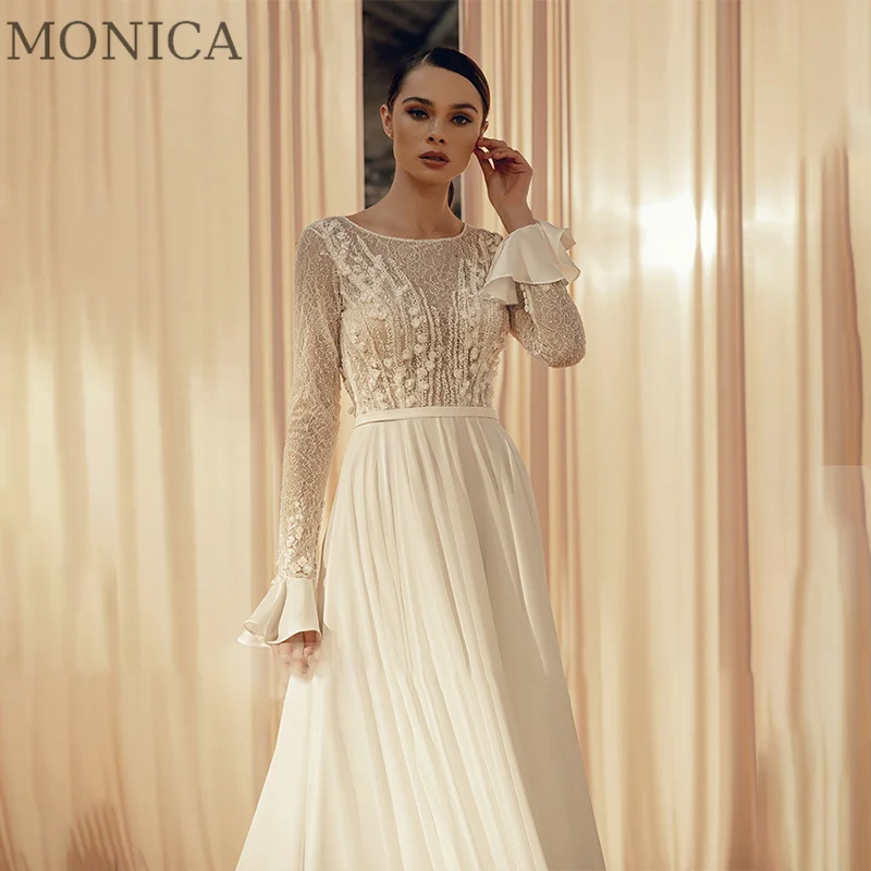 

MONICA A-LINE Wedding Dress For Women O-neck Full Flare Sleeve Button Appliques Bride Gown Floor-Length Court Robe De Mariee