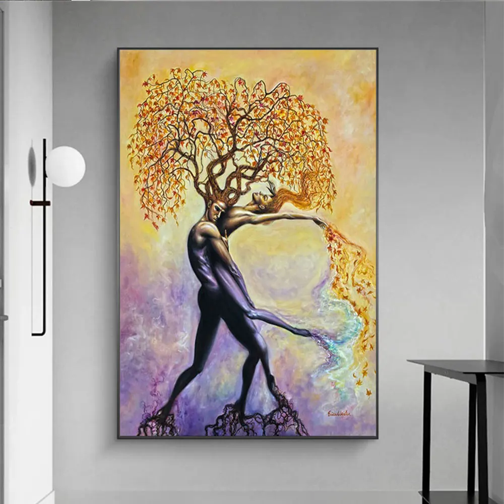 

Tree of Life Colorful Posters and Print Man Embracing Woman Tree Canvas Painting Wall Art Pictures for Living Room Home Decor