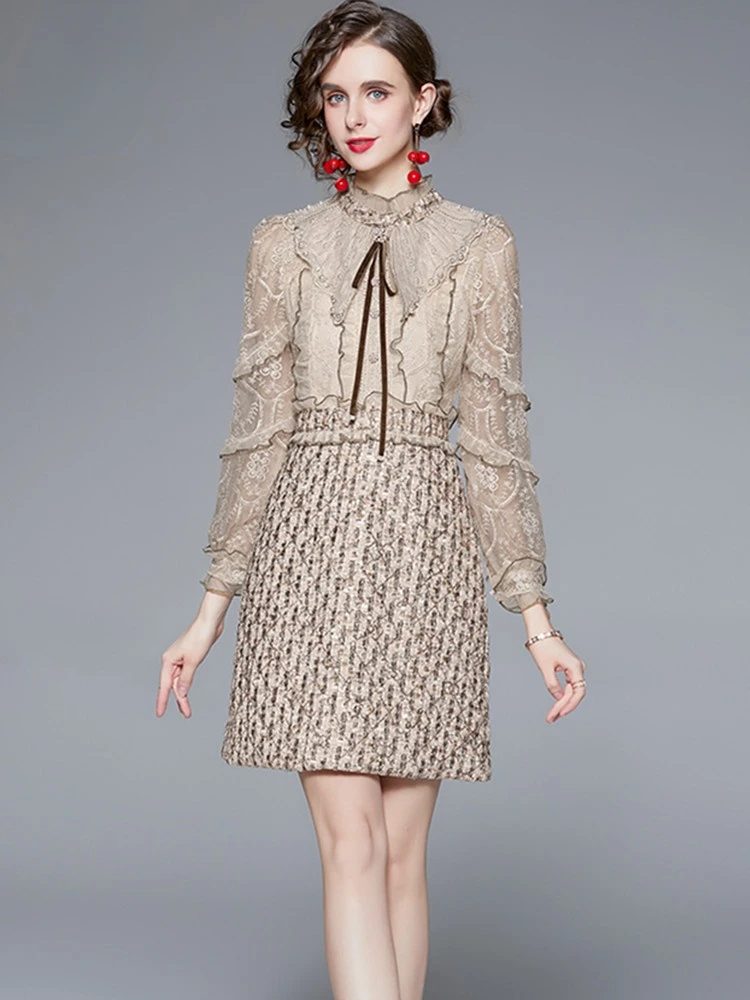 

2022 New Fashion Bead Vintage Flower Runway Dress Women Long Sleeve Embroidered Mesh Sequined Tweed Mini Dresses Vestidos