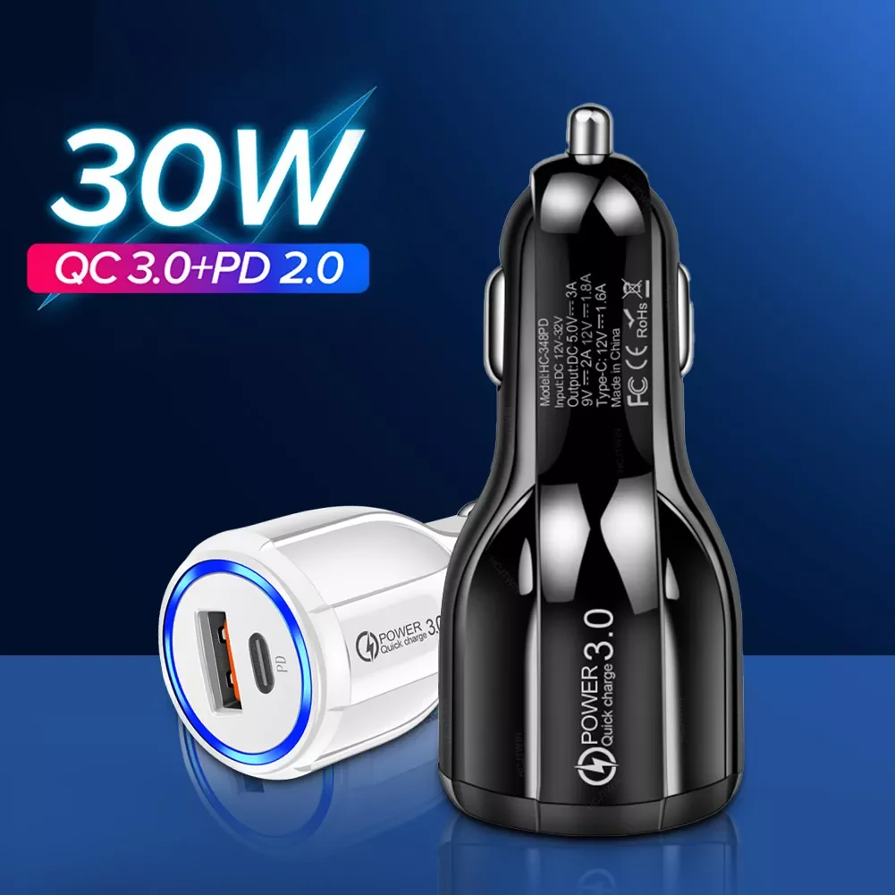 

30W USB Car Charger QC3.0 PD Type-c Fast Charging Power Adapter Cigarette Lighter Socket For IPhone 12 11 Huawei