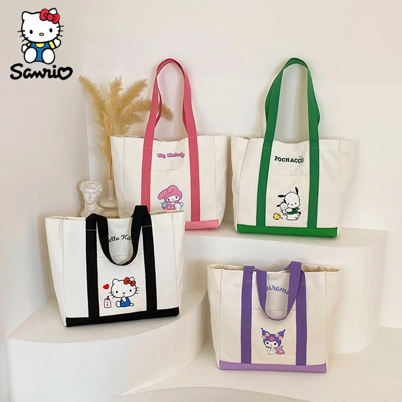 

New Sanrio Shoulder Bags Casual Large-Capacity Shoulder Canvas Bag My Melody Kuromi Cinnamoroll Tote Shopping Bag Women's Bag