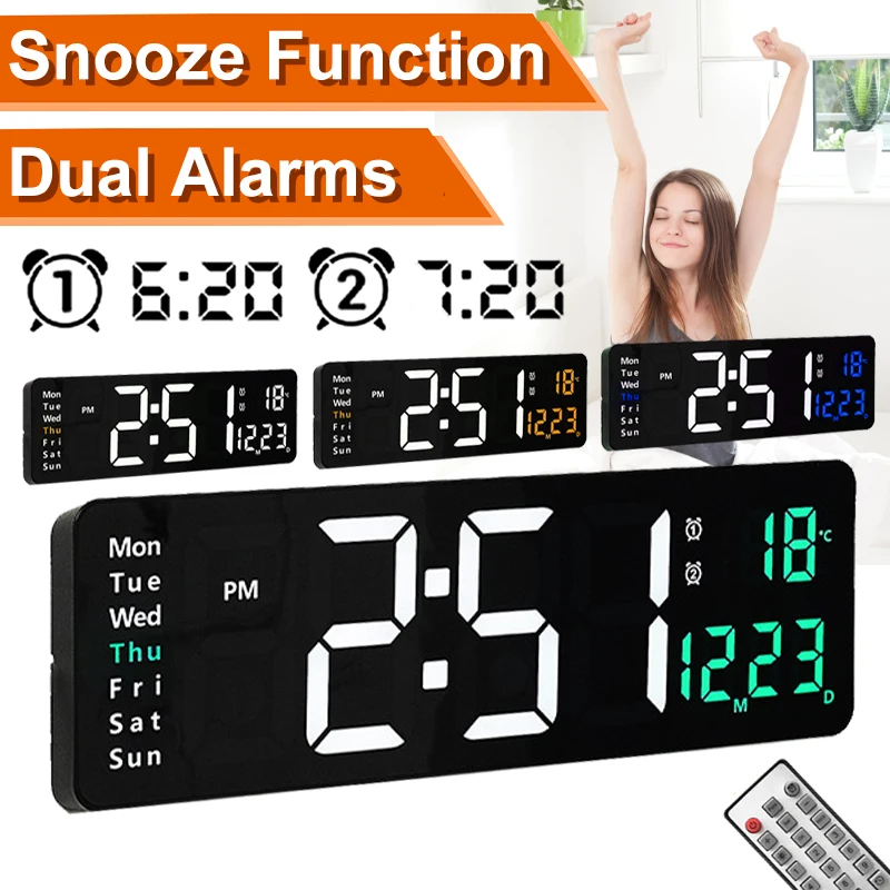 

Large Digital Wall Clock with Remote Control LED Display Temp Date Week Wall-mounted Dual Alarms 10-Level Adjustable Brightness