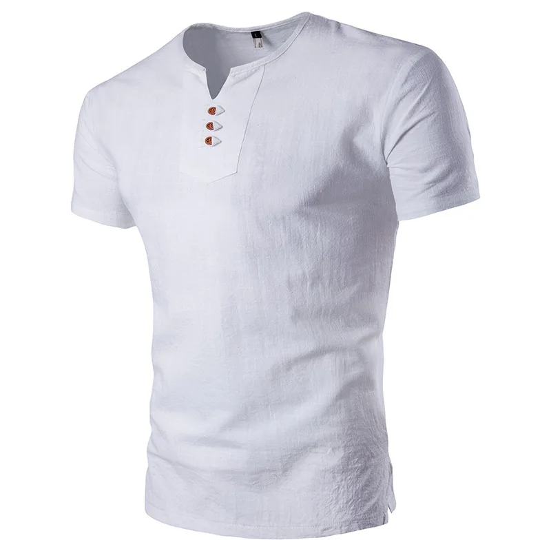 

Summer Linen Solid Color V-neck Short Sleeve T-shirt Men Oversized T Shirt