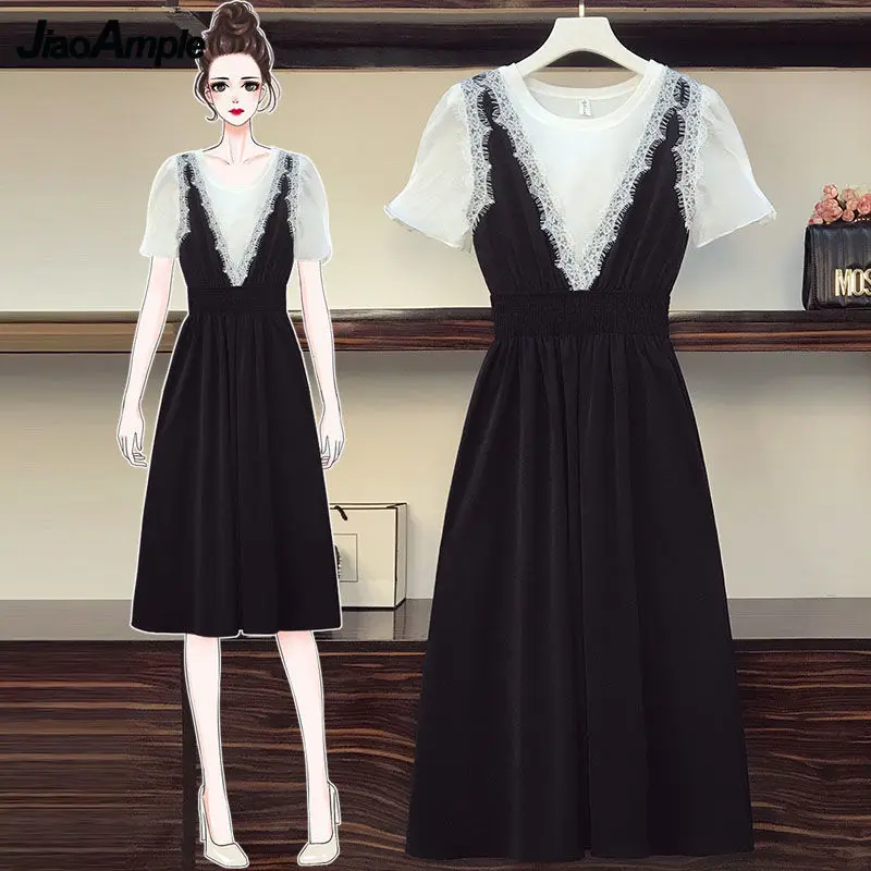 

Women's Summer Short Sleeve T-Shirt Dress Two Piece Set 2022 New Casual Blouse Lace V-Neck Midi Skirt Suit Korean Elegant Suit