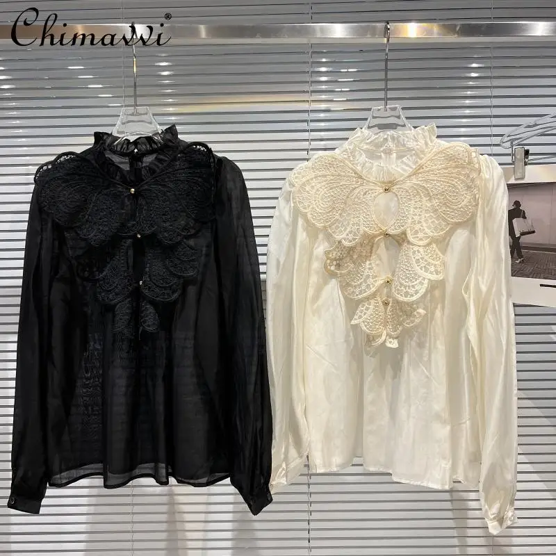 

Ladies 2022 Spring New Elegant Classic Style Blusas Women Fashion Butterfly Crocheted Beaded Embroidery Neckline Gauze Shirt Top