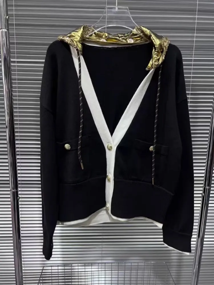 Фото Женский осенний модный вязаный кардиган на одной пуговице с пайетками, капюшоном и V-образным вырезом, повседневная верхняя одежда с длинными рукавами в уличном стиле №2